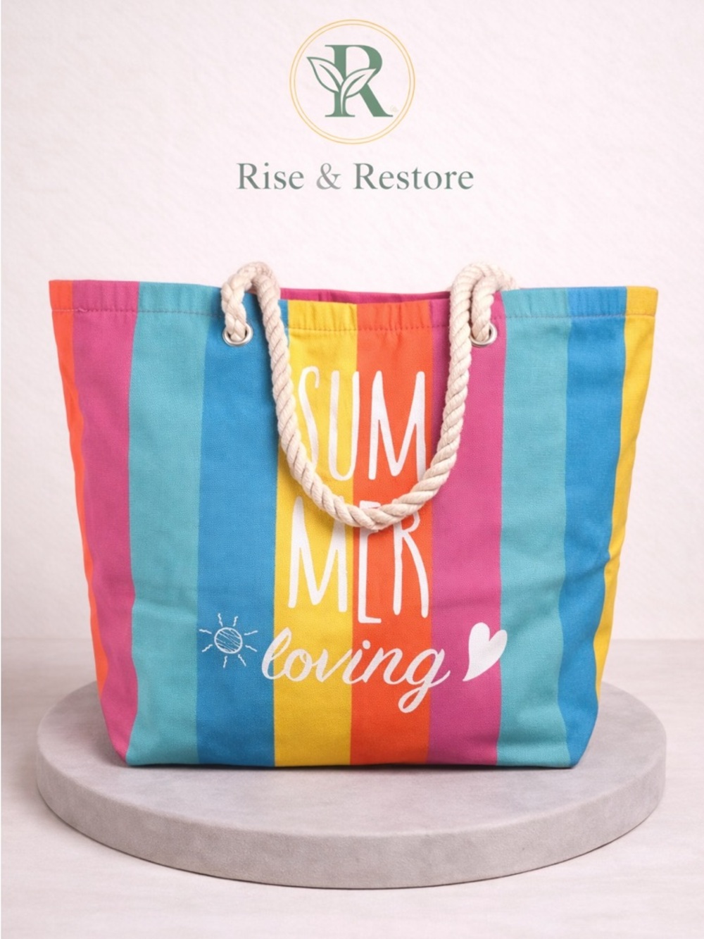 Summer Loving Striped Beach Tote Bag Large Canvas Rope Handle Colorful